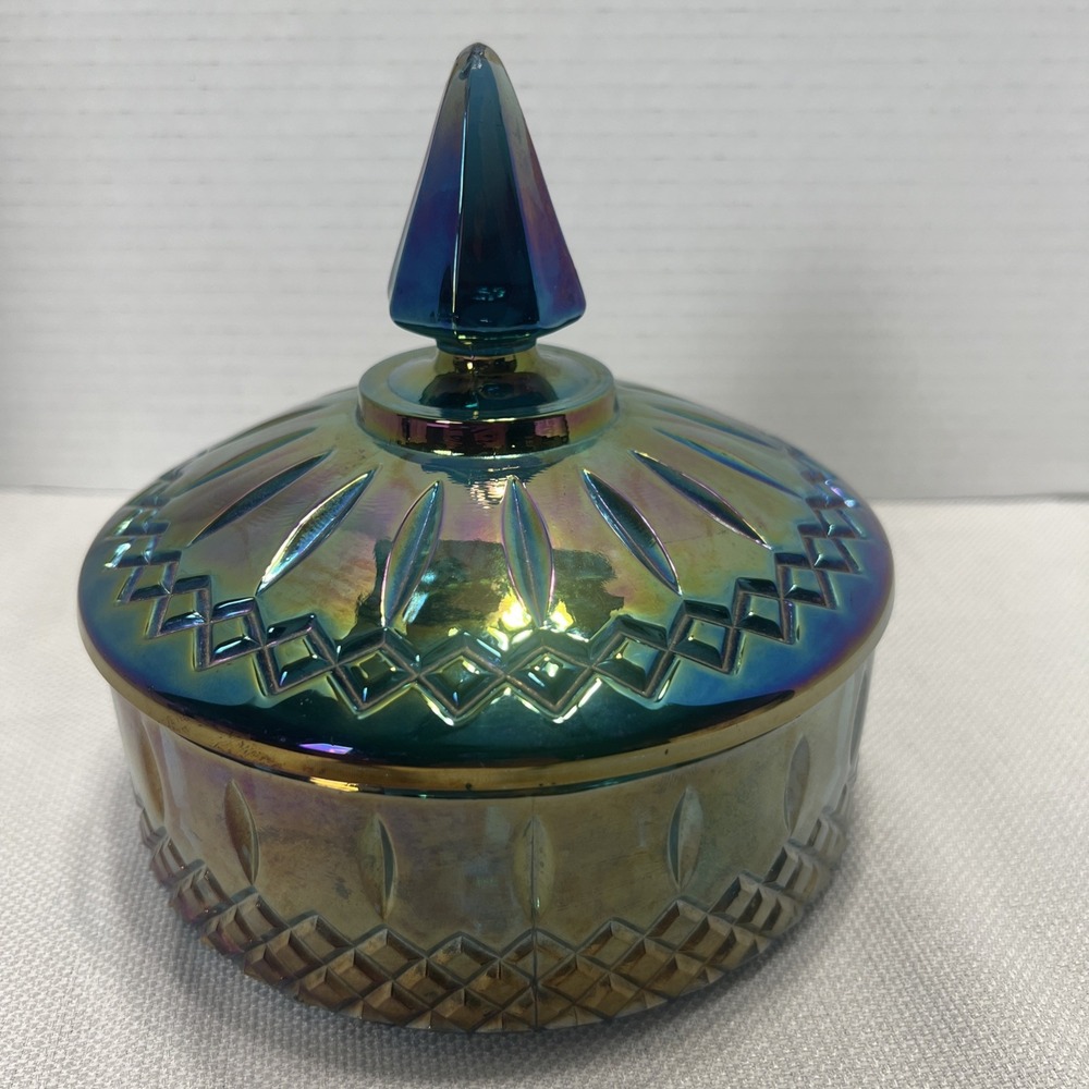 INDIANA GLASS Iridescent blue carnival glass, candy dish w/ lid glows 6" H 6" D